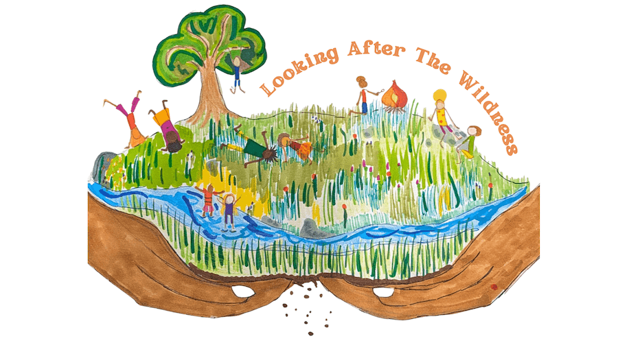 Logo of Looking after the wildness, hand painted scene of people in nature