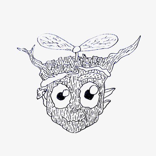 A line drawing of the head of a cute person made of bark