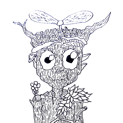 A line drawing of the head and shoulders of a cute person made of bark