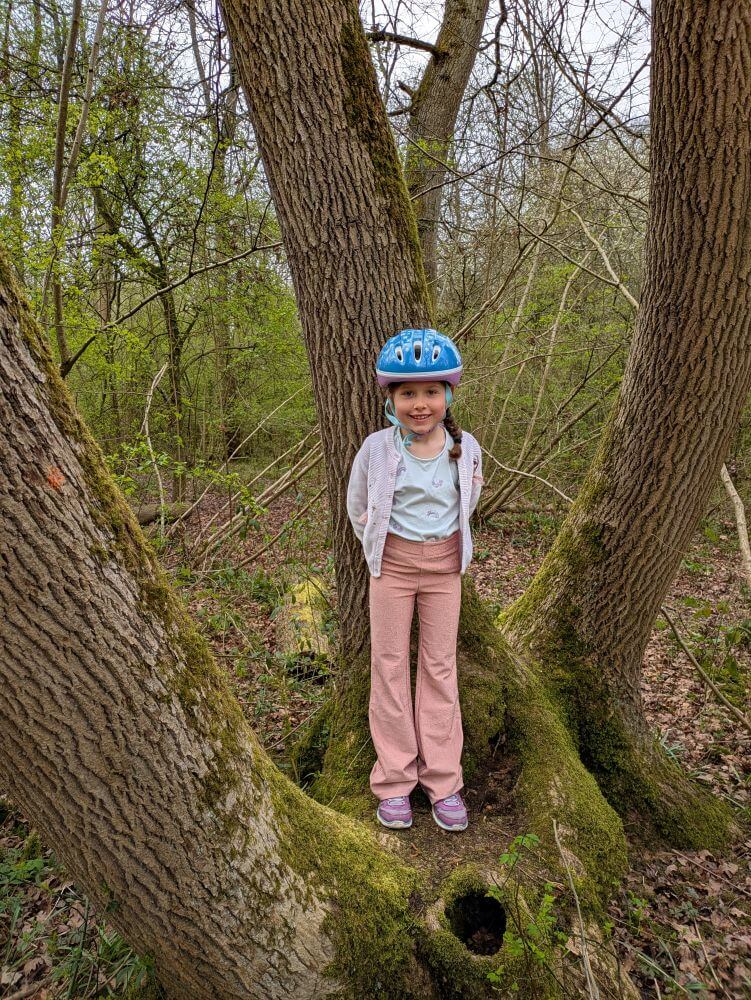 A 7 year old girl wearing a bike helmet standing on a tree trunk