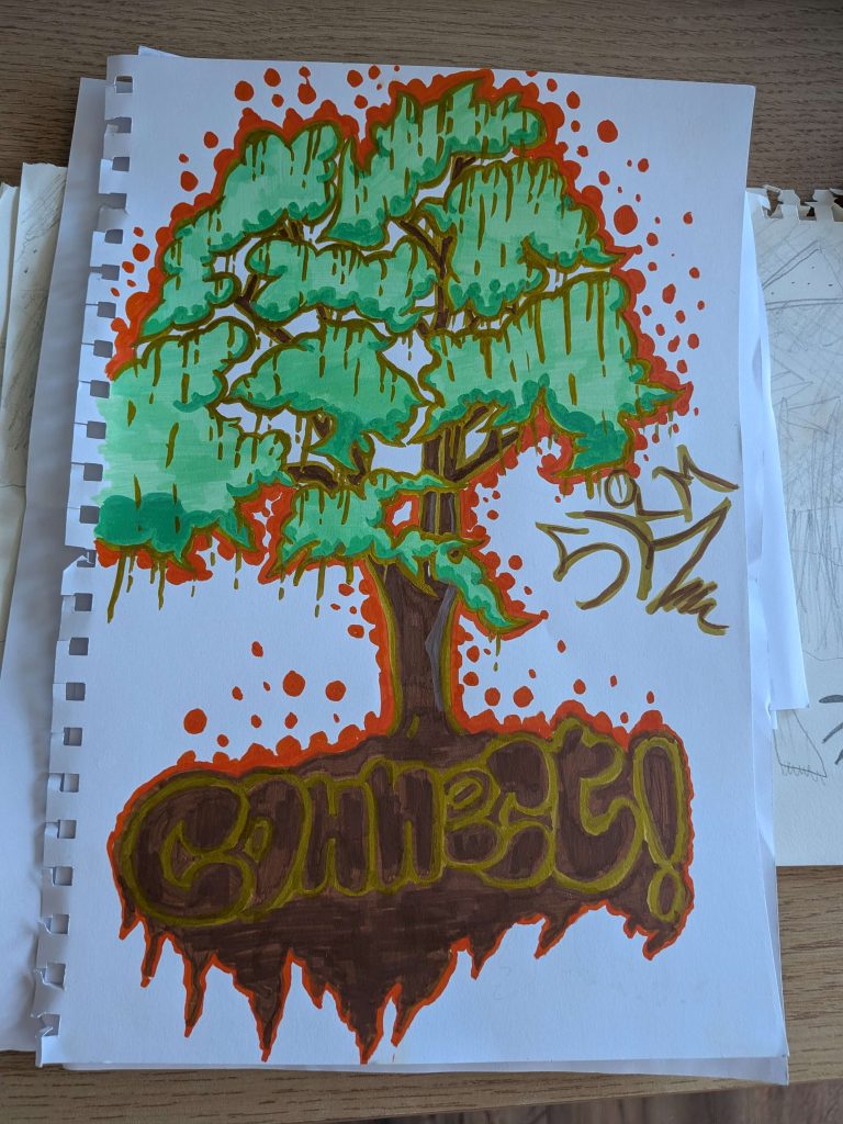 Vibrant colourful drawings in felt pen of trees